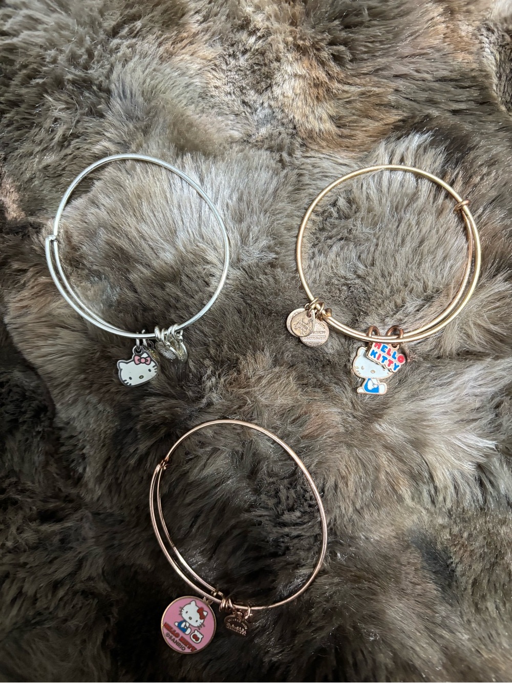 Alex and Ani Silver, Gold, and Rose Gold Hello Kitty Charm Bangles Set